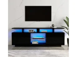 Mueble TV negro de 140 cm, iluminación LED de 16 colores, puertas lacadas con paneles de cristal, espacio para TV de hasta 60