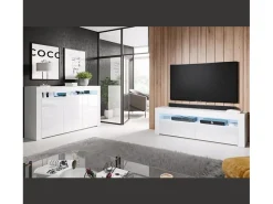 Mueble TV para Salón comedor en Blanco con LED 140x35x50,5cm Aker
