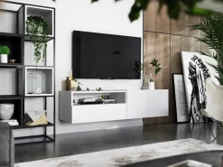 Mueble TV suspendido con 1 puerta, nicho y cajón - cuerpo Blanco mate, frentes Blanco mate - 120 cm