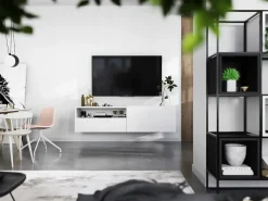Mueble TV suspendido con 1 puerta, nicho y cajón - cuerpo Blanco mate, frentes Blanco mate - 120 cm