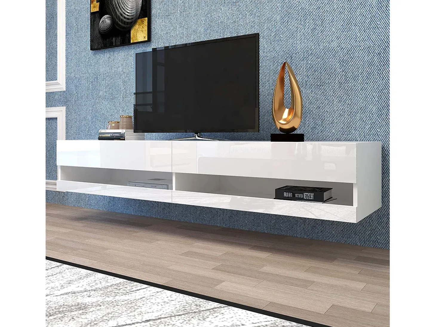 Mueble TV suspendido con 2 nichos - LED - 140x40x30,5 cm - Madera MDF - Blanco brillo