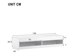 Mueble TV suspendido con 2 nichos - LED - 140x40x30,5 cm - Madera MDF - Blanco brillo