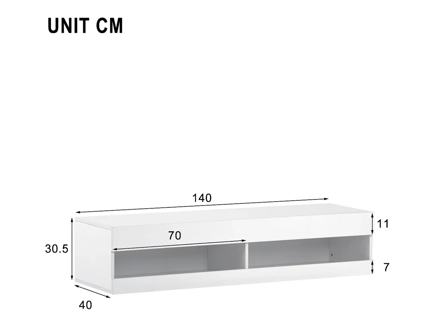 Mueble TV suspendido con 2 nichos - LED - 140x40x30,5 cm - Madera MDF - Blanco brillo