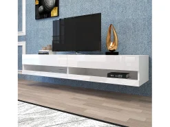 Mueble TV suspendido con 2 nichos - LED - 140x40x30,5 cm - Madera MDF - Blanco brillo