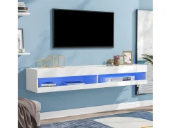 Mueble TV suspendido con 2 nichos - LED - 140x40x30,5 cm - Madera MDF - Blanco brillo