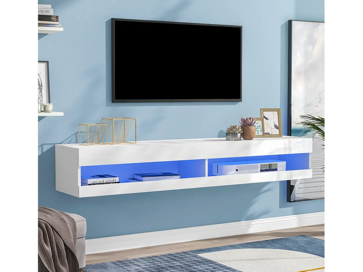Mueble TV suspendido con 2 nichos - LED - 140x40x30,5 cm - Madera MDF - Blanco brillo