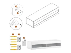 Mueble TV suspendido con 2 nichos - LED - 140x40x30,5 cm - Madera MDF - Blanco brillo