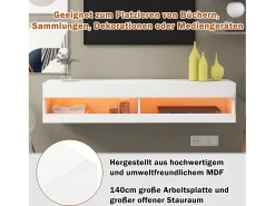Mueble TV suspendido con 2 nichos - LED - 140x40x30,5 cm - Madera MDF - Blanco brillo