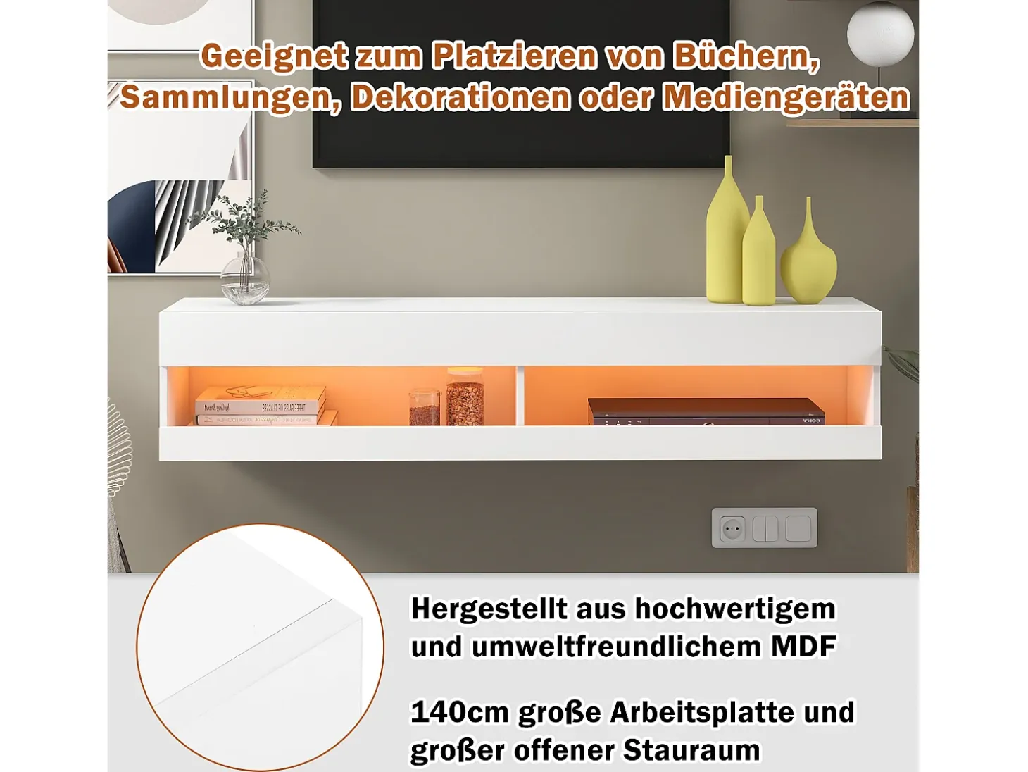 Mueble TV suspendido con 2 nichos - LED - 140x40x30,5 cm - Madera MDF - Blanco brillo