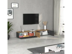Mueble TV suspendido Iseo con 2 puertas y 1 puerta abatible, color antracita mate y roble, 200 x 35 x 30 cm