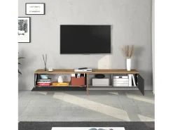 Mueble TV suspendido Iseo con 2 puertas y 1 puerta abatible, color antracita mate y roble, 200 x 35 x 30 cm