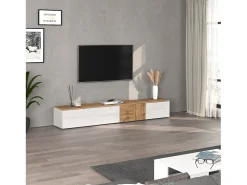 Mueble TV suspendido Iseo con 2 puertas y 1 puerta abatible blanco brillo y roble 200x35x30 cm