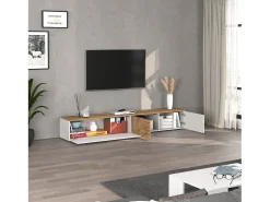 Mueble TV suspendido Iseo con 2 puertas y 1 puerta abatible blanco brillo y roble 200x35x30 cm