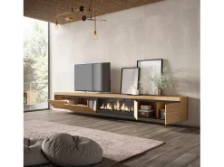 Mueble TV, Televisión, 368x35x45, Chimenea eléctrica XXL, Colgado, Suspendido, Roble