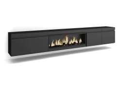 Mueble TV, Televisión, 288x35x45cm, Para TV gran formato, Chimenea eléctrica XXL, Colgado, Suspendido, Negro