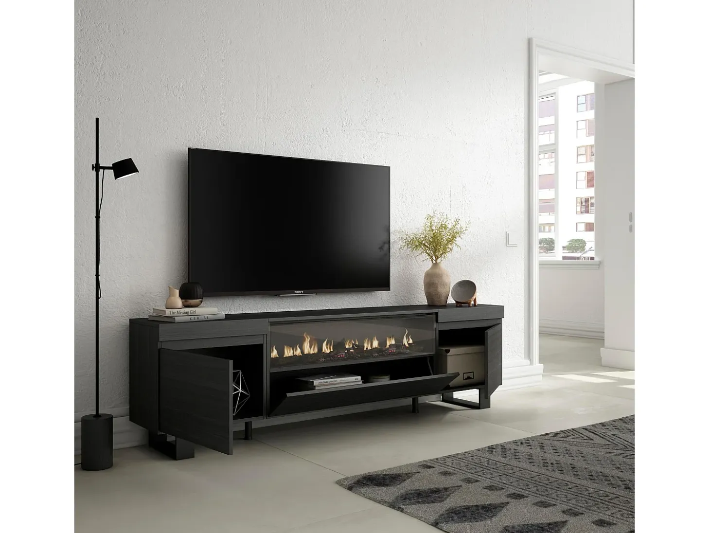 Mueble TV, Televisión, 200x35x57cm, Para TV hasta 80", Chimenea eléctrica, Diseño industrial, Negro
