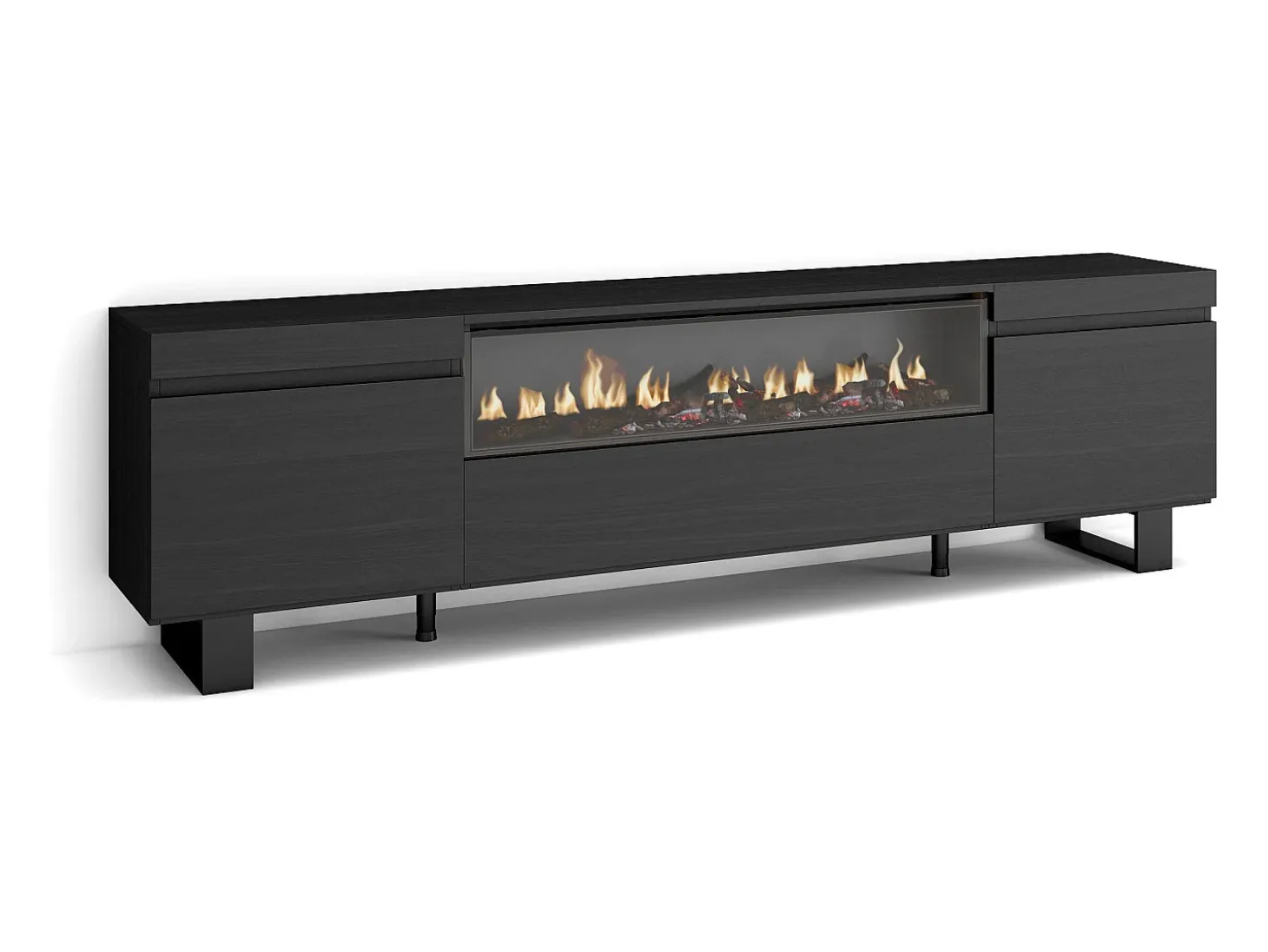 Mueble TV, Televisión, 200x35x57cm, Para TV hasta 80", Chimenea eléctrica, Diseño industrial, Negro