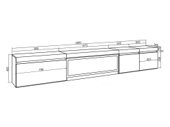 Mueble TV, Televisión, 288x35x45cm, Para TV gran formato, Chimenea eléctrica XXL, Colgado, Suspendido, Cemento