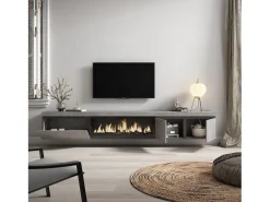 Mueble TV, Televisión, 288x35x45cm, Para TV gran formato, Chimenea eléctrica XXL, Colgado, Suspendido, Cemento