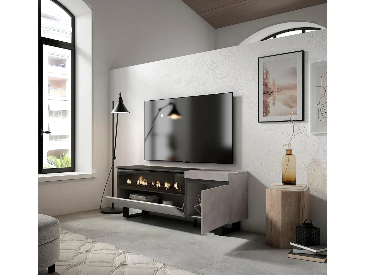 Mueble TV, Televisión, 150x35x57cm, Para TV hasta 65", Chimenea eléctrica, Diseño industrial, Cemento