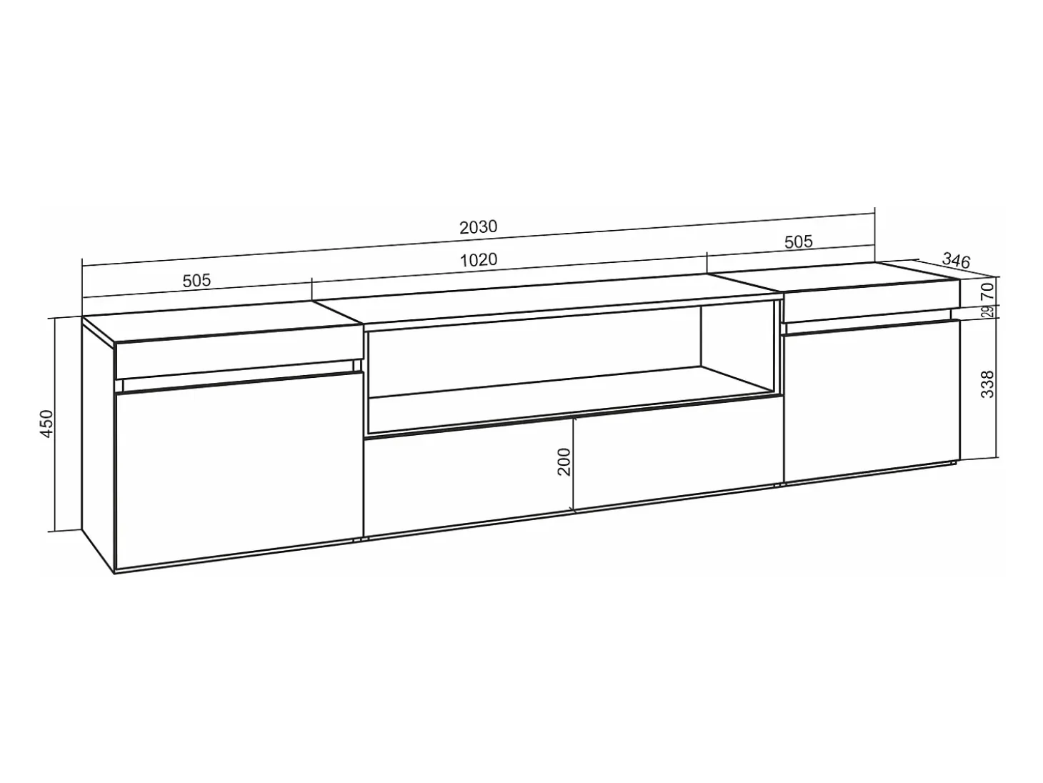 Mueble TV, Televisión, 200x35x45cm, Para TV hasta 80", Chimenea eléctrica, Colgado, Suspendido, Blanco y negro