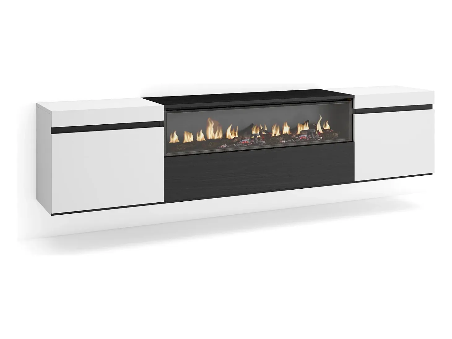 Mueble TV, Televisión, 200x35x45cm, Para TV hasta 80", Chimenea eléctrica, Colgado, Suspendido, Blanco y negro