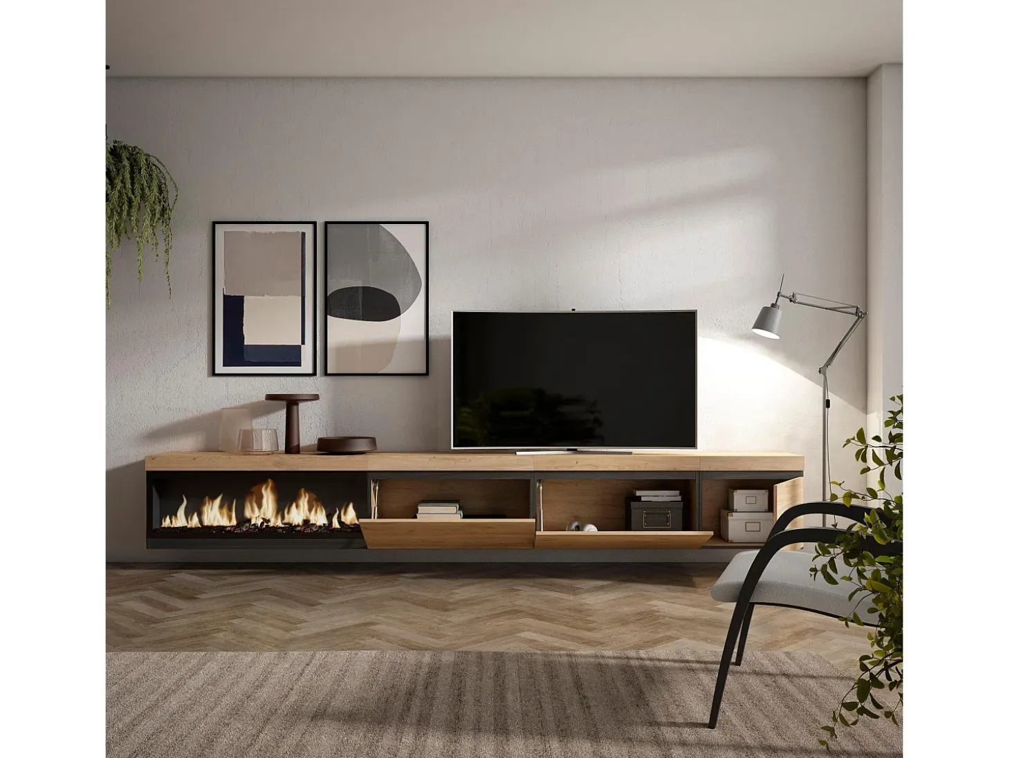 Mueble TV, Televisión, 317x35x45cm, Chimenea eléctrica XXL, Colgado, Suspendido, Roble
