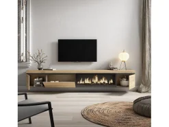 Mueble TV, Televisión, 288x35x45cm, Para TV gran formato, Chimenea eléctrica XXL, Colgado, Suspendido, Roble