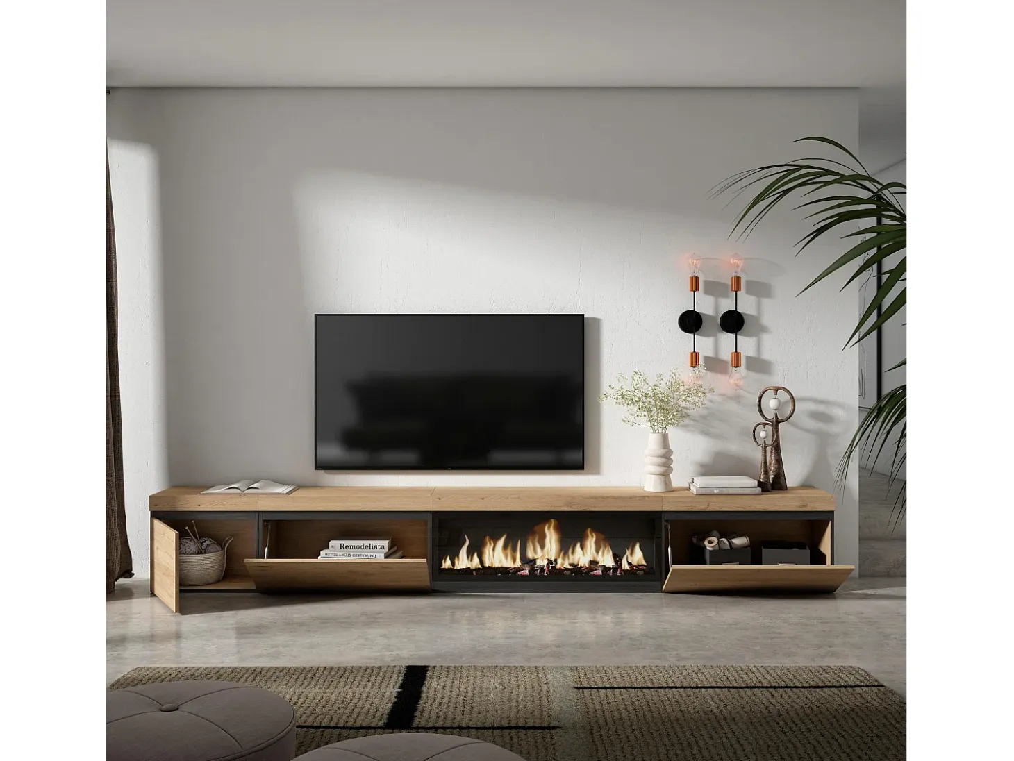Mueble TV, Televisión, 317x35x45cm, Chimenea eléctrica XXL, Roble