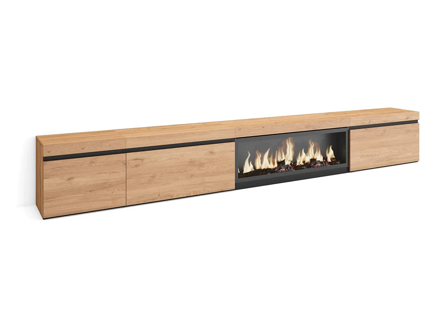 Mueble TV, Televisión, 317x35x45cm, Chimenea eléctrica XXL, Roble
