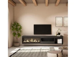 Mueble TV, Televisión, 237x35x45cm, Para TV gran formato, Chimenea eléctrica XXL, Colgado, Suspendido, Negro