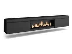Mueble TV, Televisión, 267x35x45cm, Para TV gran formato, Chimenea eléctrica XXL, Colgado, Suspendido, Negro