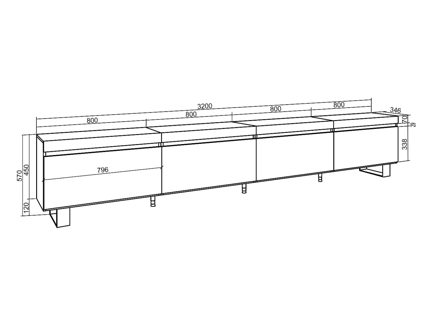Mueble TV, Televisión, 320x35x57cm, Para TV gran formato, Diseño industrial, Roble