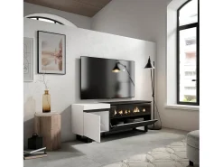 Mueble TV, Televisión, 150x35x57cm, Para TV hasta 65", Chimenea eléctrica, Diseño industrial, Blanco y negro