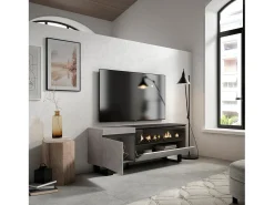 Mueble TV, Televisión, 150x35x57cm, Para TV hasta 65", Chimenea eléctrica, Diseño industrial, Cemento