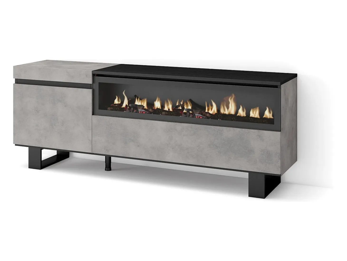 Mueble TV, Televisión, 150x35x57cm, Para TV hasta 65", Chimenea eléctrica, Diseño industrial, Cemento