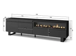 Mueble TV, Televisión, 200x35x57cm, Para TV hasta 80", Chimenea eléctrica, Diseño industrial, Negro
