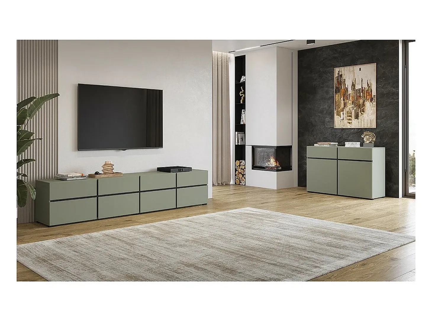 Mueble TV XL color verde salvia y negro 225cm colección HAVANA. Mueble de diseño con 4 puertas y 4 cajones.