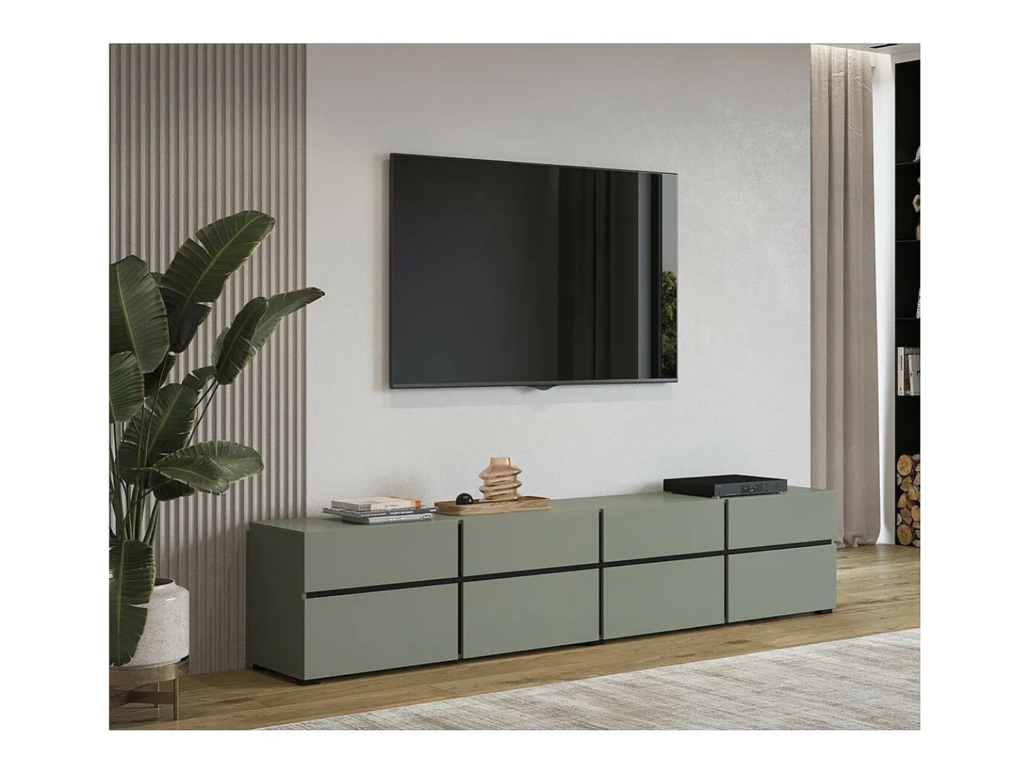 Mueble TV XL color verde salvia y negro 225cm colección HAVANA. Mueble de diseño con 4 puertas y 4 cajones.