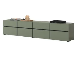 Mueble TV XL color verde salvia y negro 225cm colección HAVANA. Mueble de diseño con 4 puertas y 4 cajones.