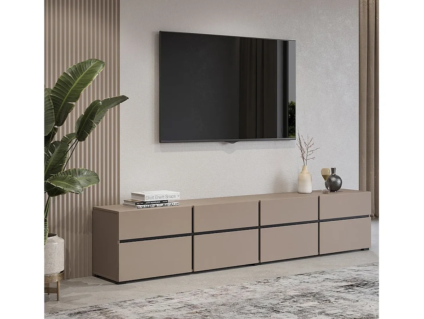 Mueble TV XL en colores beige y negro 225cm colección HAVANA. Mueble de diseño con 4 puertas y 4 cajones.