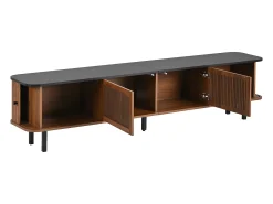 Mueble TV 190x35x45 cm con 2 puertas correderas y 2 puertas de rejilla - Color madera oscura y negro