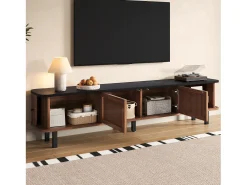 Mueble TV 190x35x45 cm con 2 puertas correderas y 2 puertas de rejilla - Color madera oscura y negro