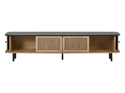 Mueble TV 190x35x45 cm con 2 puertas correderas y 2 puertas de rejilla - Color madera y negro
