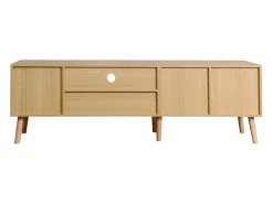 Mueble TV 180x40x54cm con 2 puertas y 1 cajón de ratán, 3 nichos, cuerpo en madera natural clara