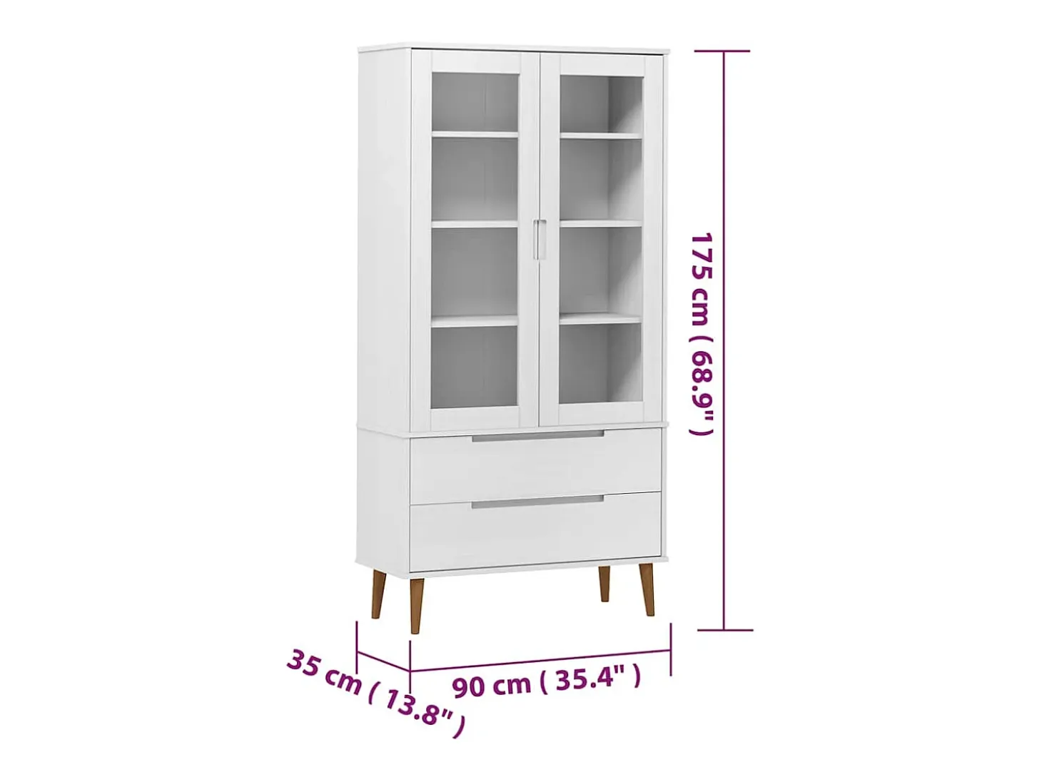 Mueble vitrina MOLDE madera maciza de pino blanco 90x35x175 cm