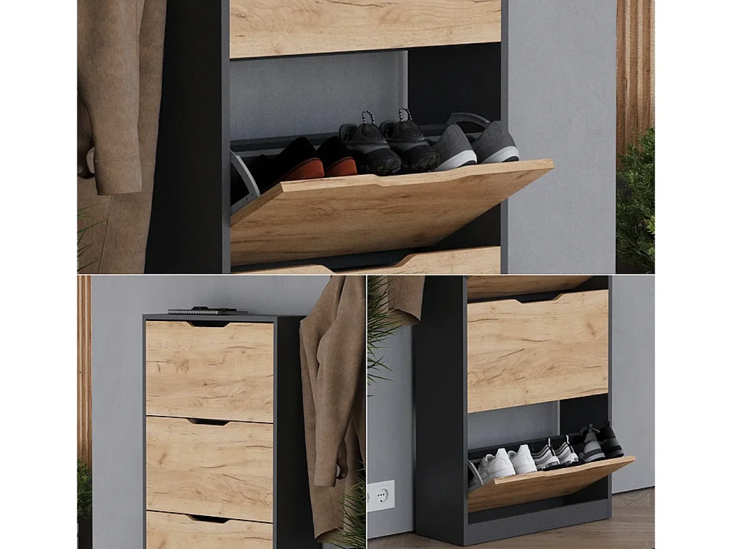 Mueble zapatero antracita/roble dorado 59x22x137 luca