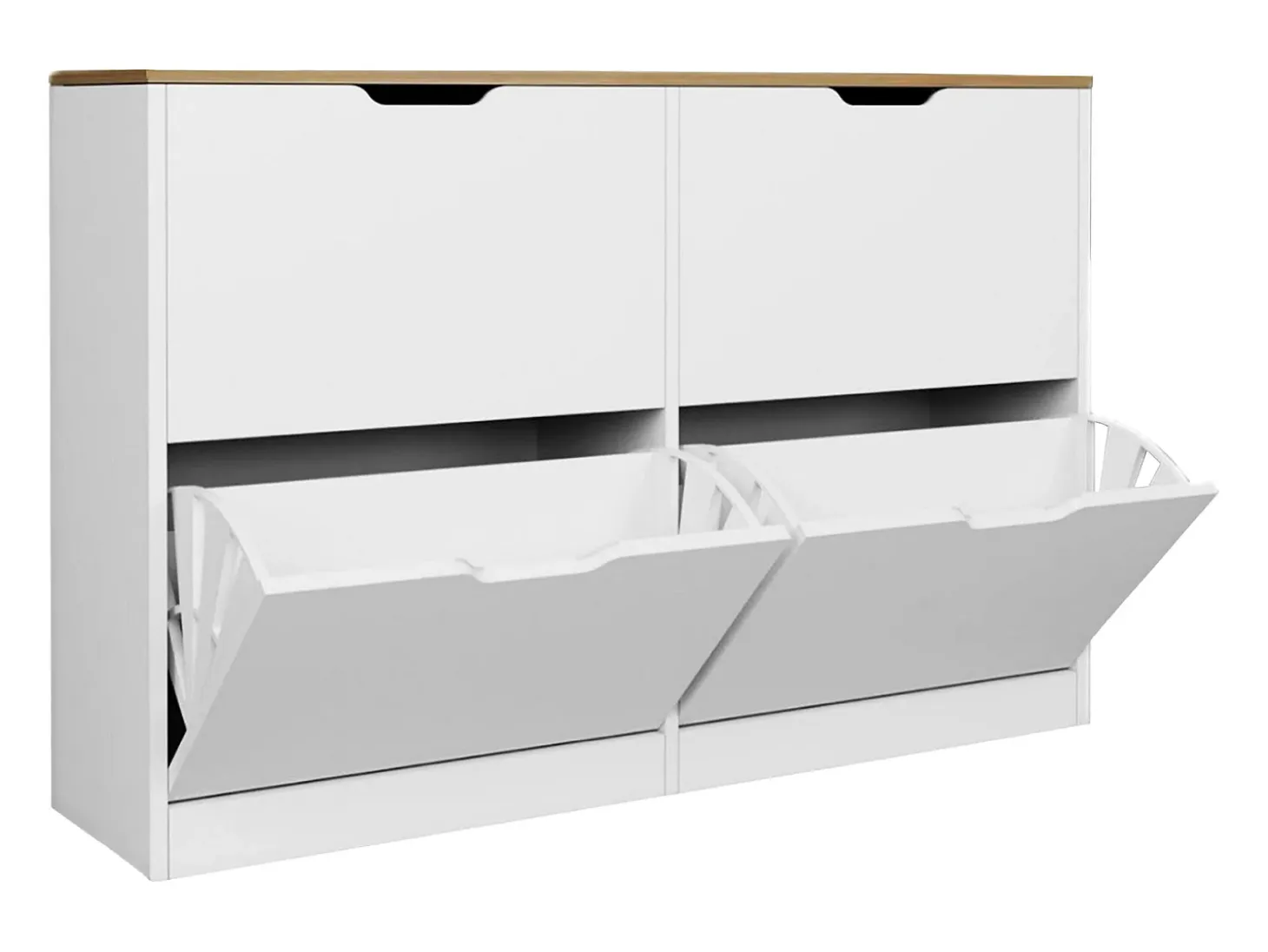 Mueble zapatero con 4 compartimentos abatibles - Blanco y natural - LOTULA