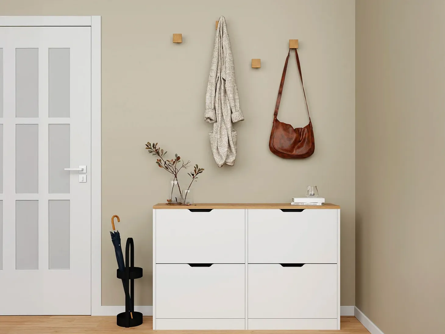 Mueble zapatero con 4 compartimentos abatibles - Blanco y natural - LOTULA
