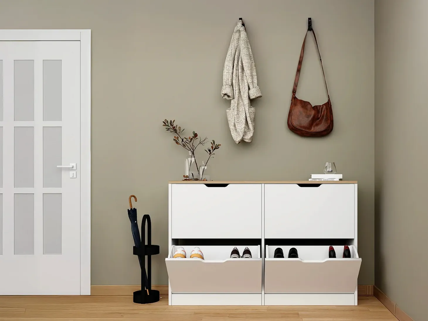 Mueble zapatero con 4 compartimentos abatibles - Blanco y natural - LOTULA